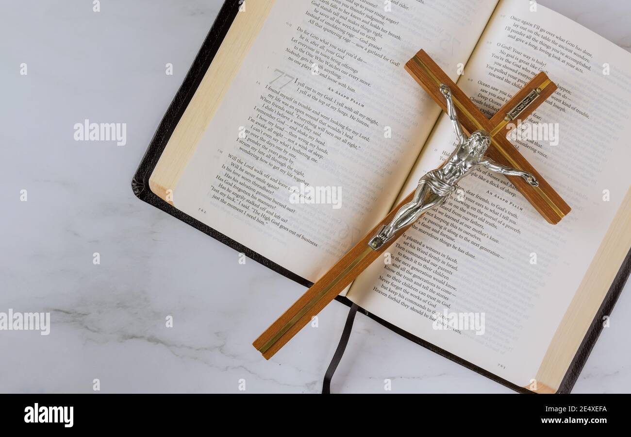 22 JANUARY 21 New York US 2021: Jesus on way to God through prayer with cross is placed on top of the Holy Bible. Stock Photo