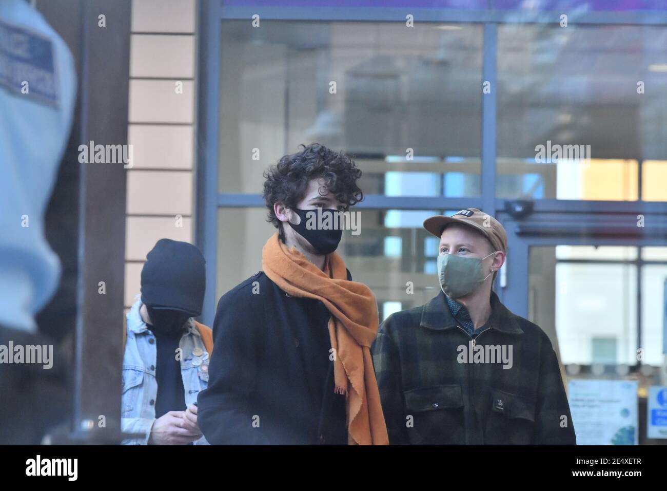 Sage Willoughby (left), 21, and Milo Ponsford, 25, arrive at Bristol Magistrates' Court where they are appearing charged with criminal damage over the toppling of the Edward Colston statue in Bristol during the Black Lives Matter protests in June last year. Picture date: Monday January 25, 2021. Stock Photo