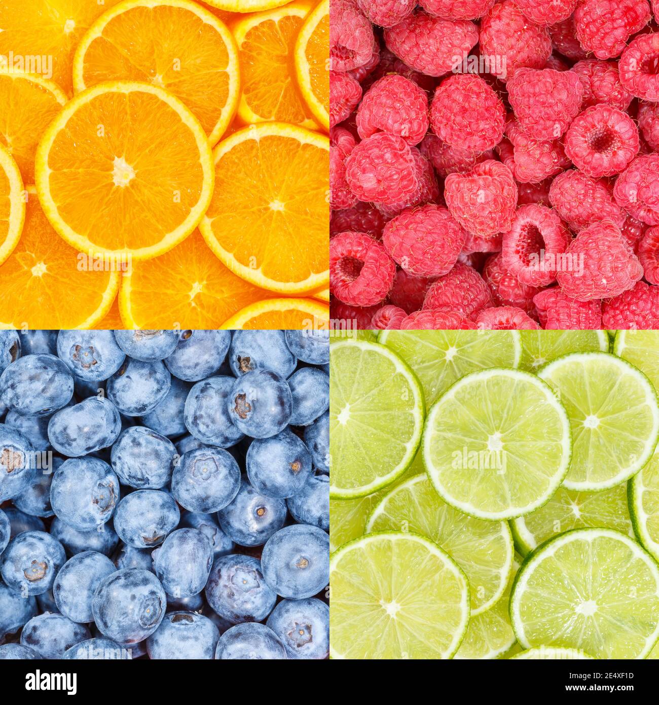 Berry fruits oranges berries fruit food background collection collage set square backgrounds Stock Photo