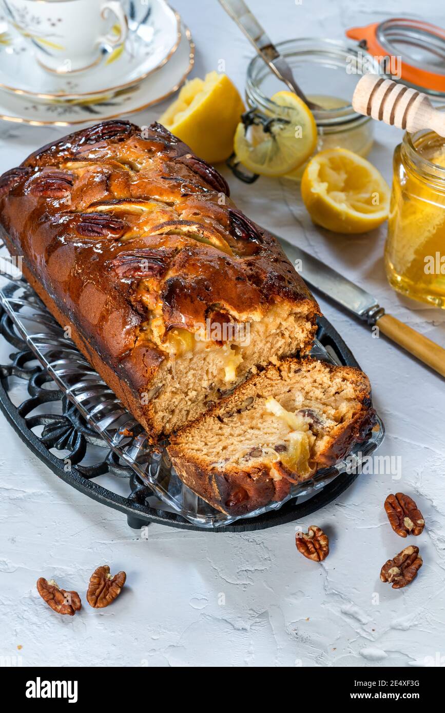 Honey, lemon and pecan nut loaf - high angle view Stock Photo
