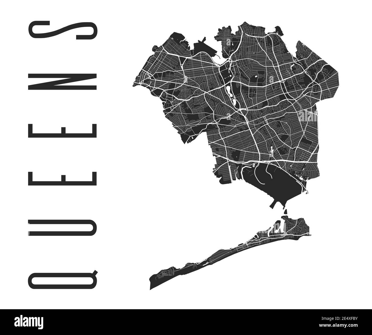 Queens map poster. New York city borough street map. Cityscape aria panorama silhouette aerial view, typography style. Flushing Meadows, Corona, Field Stock Vector