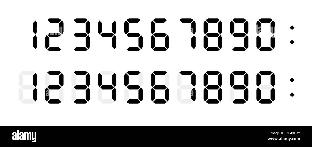 Digital numbers font for electronic clock display, calculator, counter. Black color on white background. Royalty free flat design vector illustration. Stock Vector