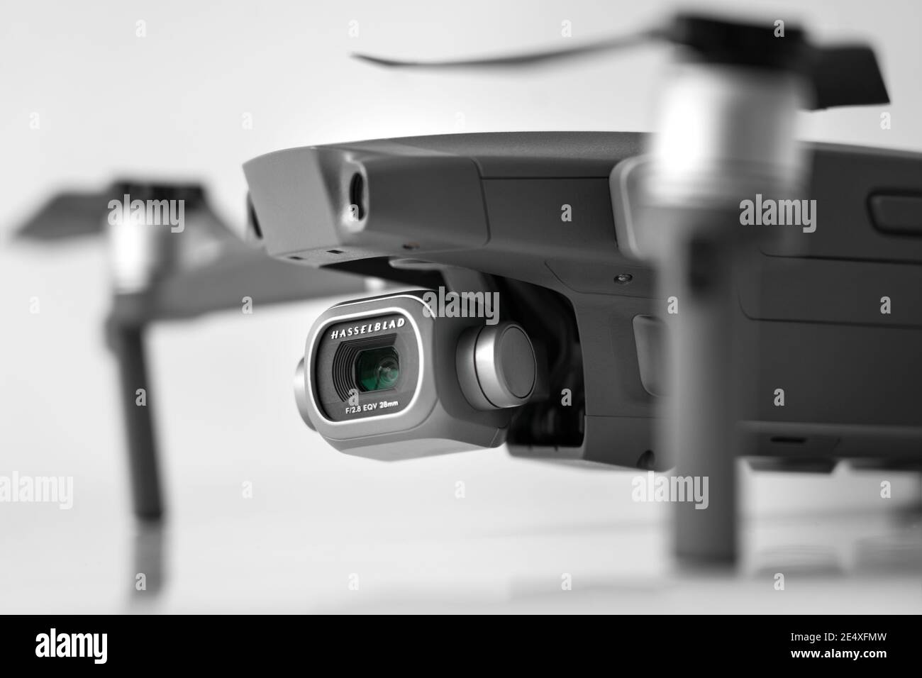 Close up of new dark grey DJI MAVIC PRO 2 drone isolated on gray background, 23.01.2021, Lisbon, Portugal Stock Photo