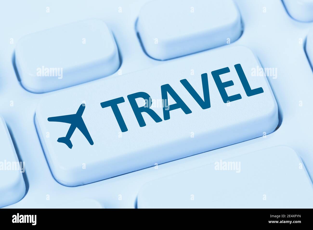 Travel trip online booking flight holidays vacation flights internet computer keyboard Stock Photo
