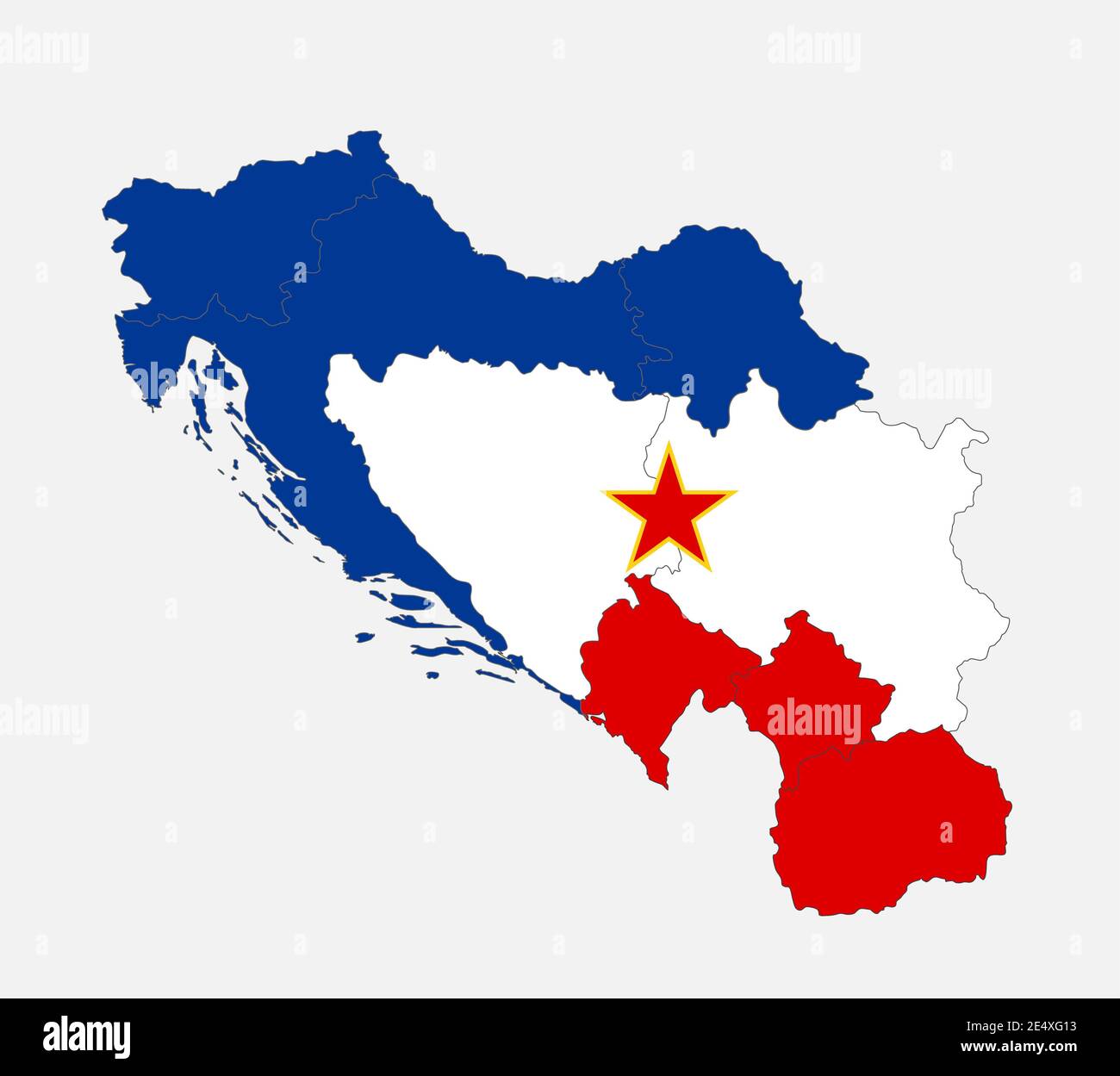 Map of the Yugoslavia in the colors of the flag with administrative divisions, blank Stock Photo