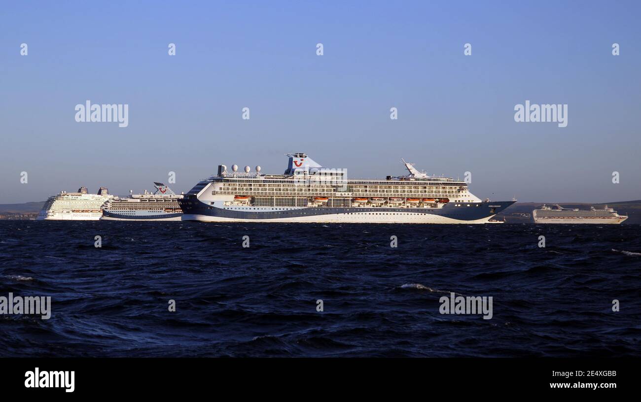 July 2020: Cruise liners anchored of Weymouth as a result of COVID-19 pandemic Stock Photo