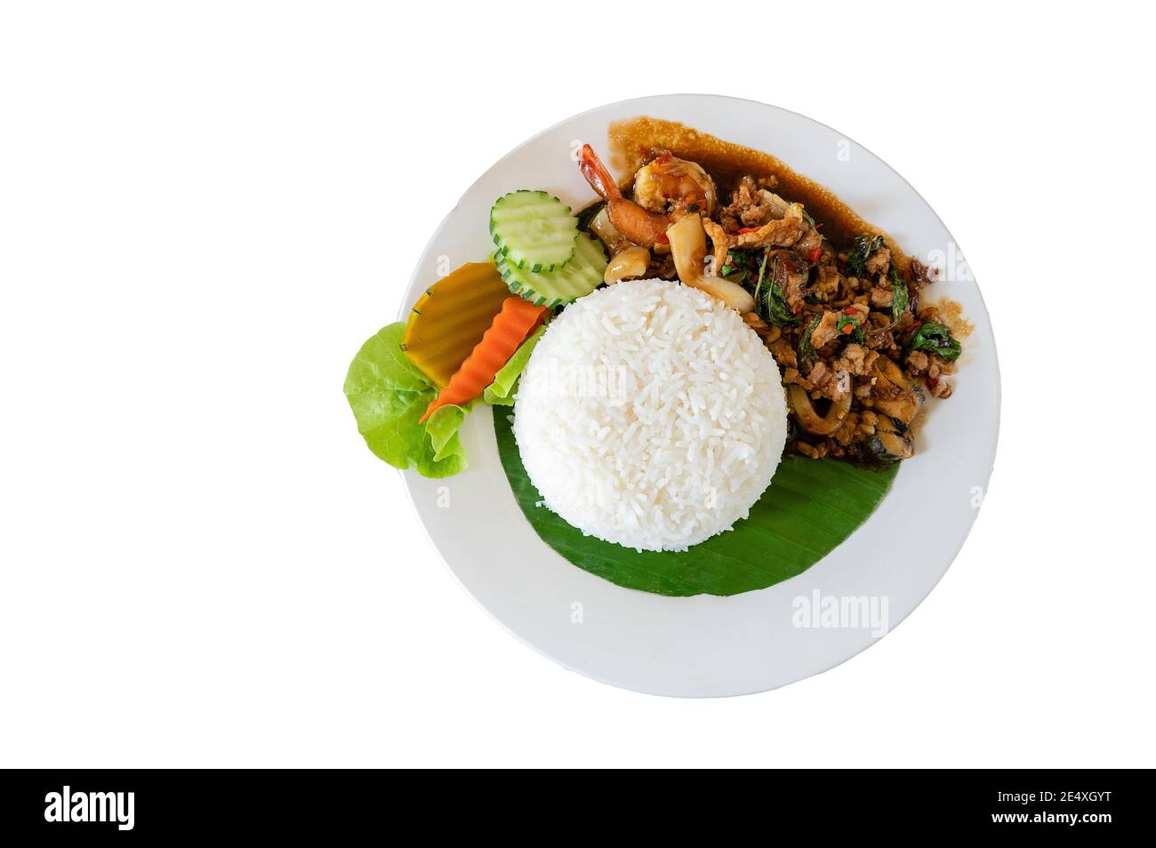 Thai spicy fried sea and meat basil recipe ,Pad Gaprao Stock Photo