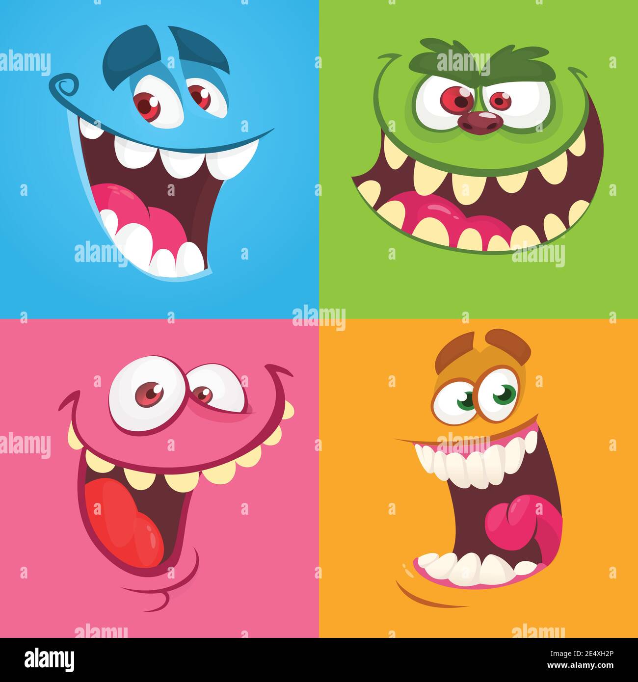 Cartoon monster faces set. Vector collection of four Halloween monster ...