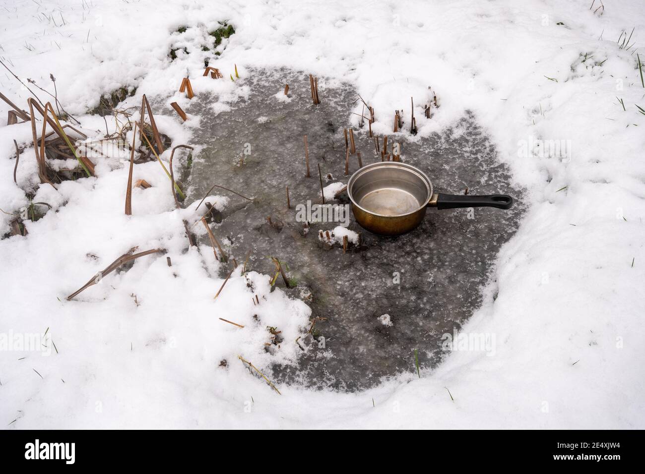 Making a hole in the ice on a frozen garden wildlife pond in the winter by placing a pan with boiling water in it on the icy pond Stock Photo