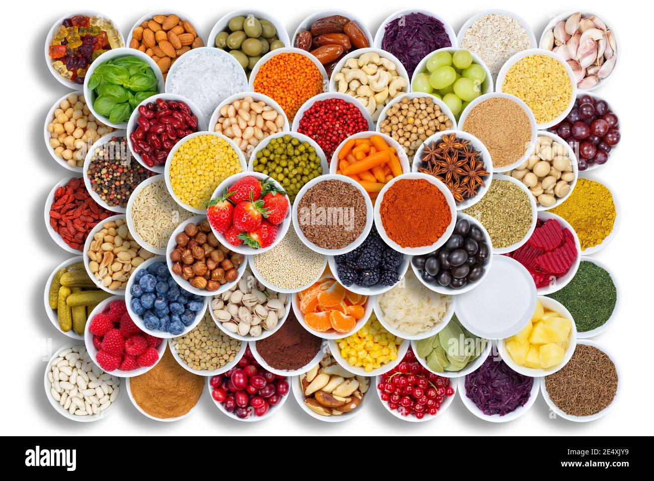 Fruits and vegetables spices ingredients cooking bowls berries food grapes from above fruit Stock Photo