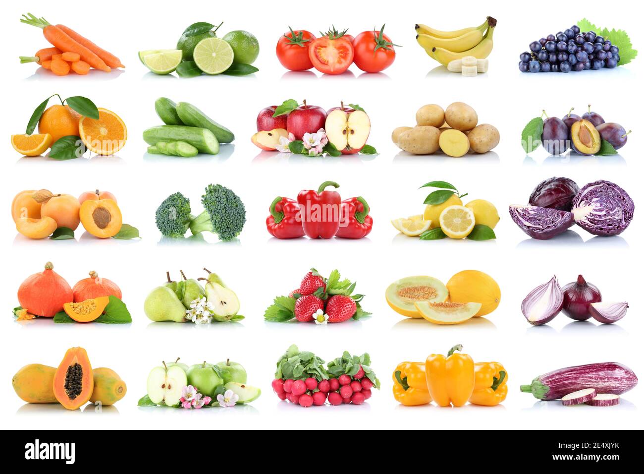 Fruits vegetables collection isolated apple apples oranges bell pepper grapes tomatoes banana colors fresh fruit on a white background Stock Photo