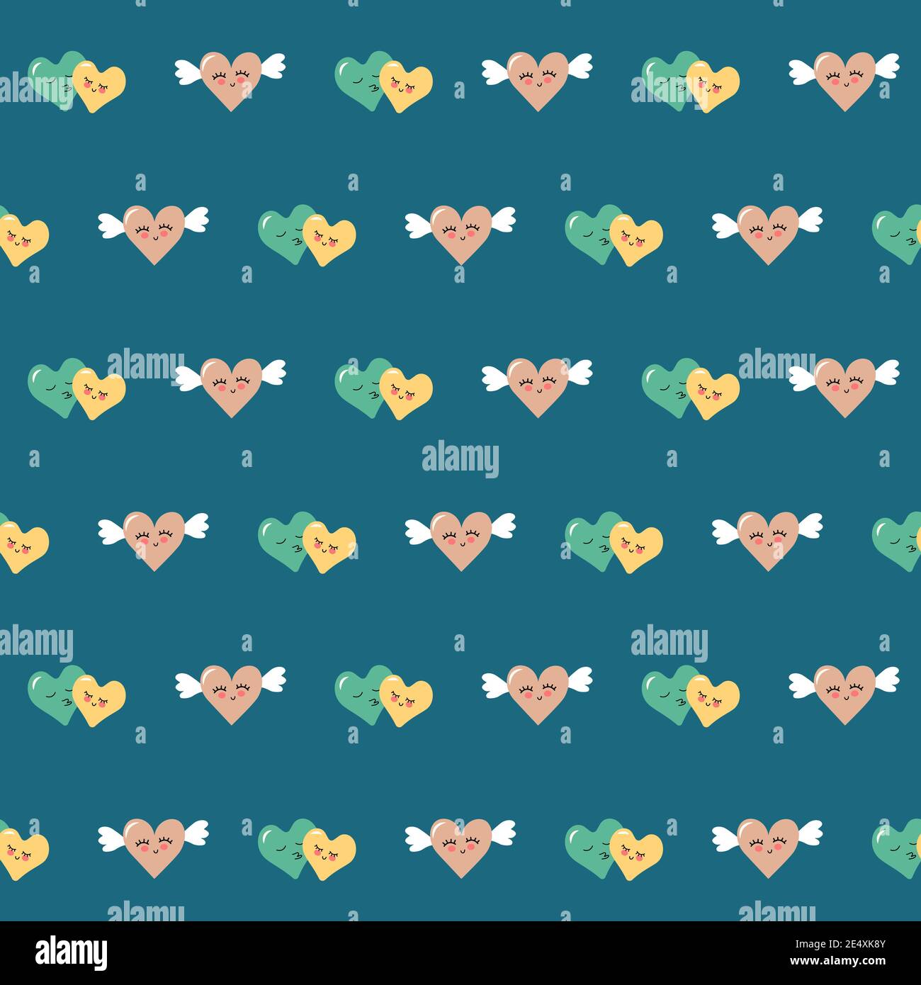 Seamless pattern of couple hearts and heart with wings on a blue ...