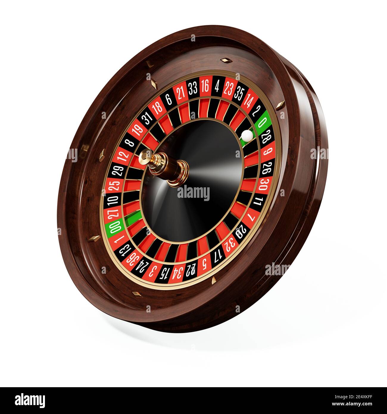 Casino gold roulette stopped close up side view with white ball. 3d rendering illustration. Isolated on white background Stock Photo