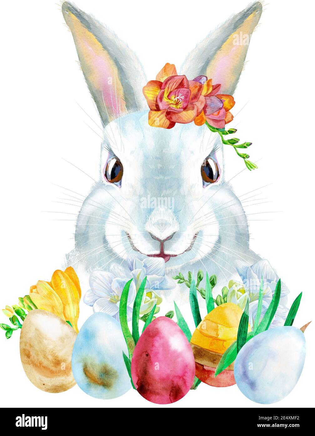 Cute white rabbit with Easter eggs and flowers on white background ...