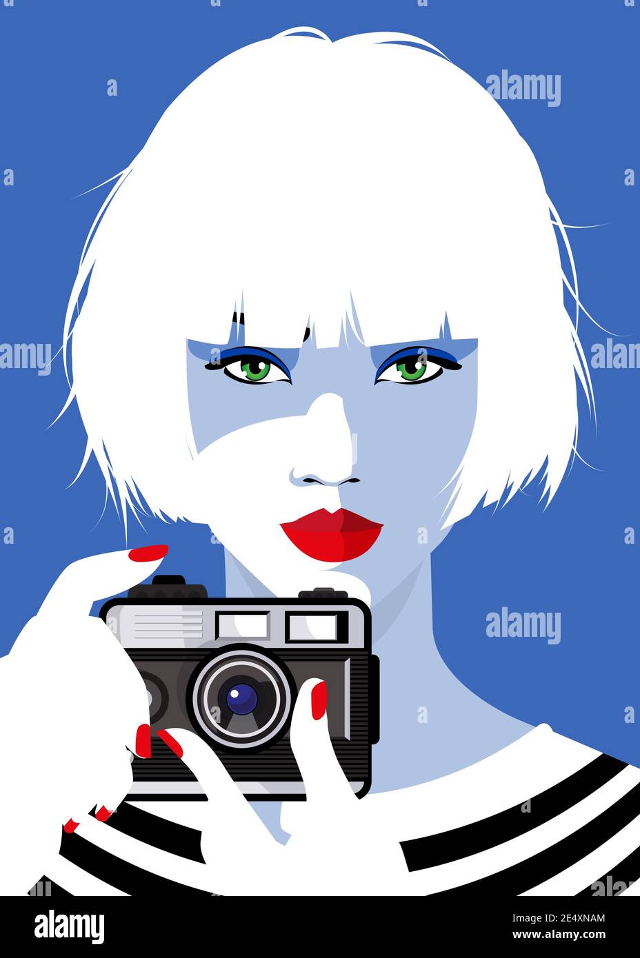 Red fashion woman with foto camera on blue background. Vector illustration. Stock Photo