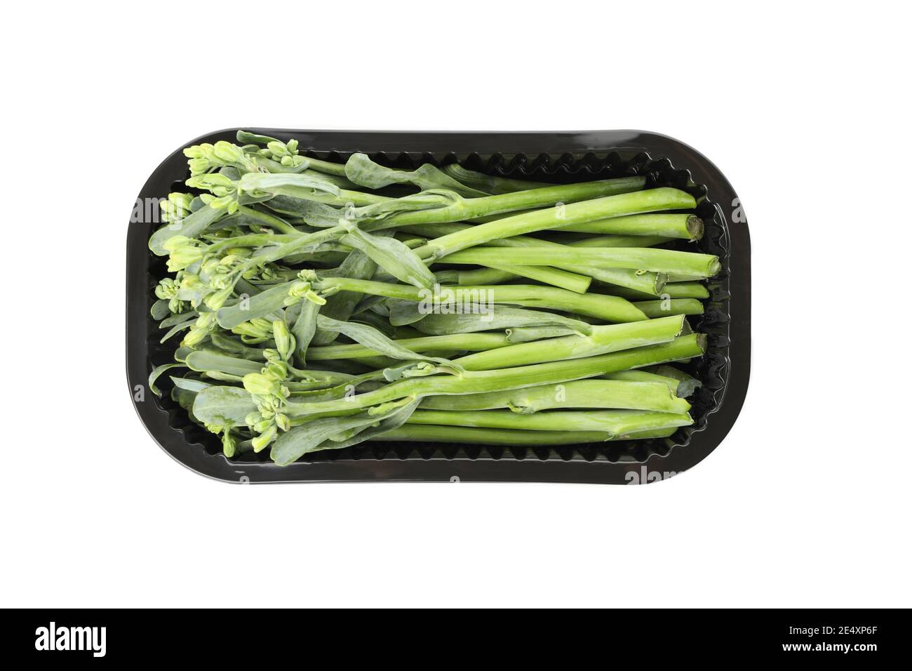Plastic container with broccolini isolated on white background Stock Photo