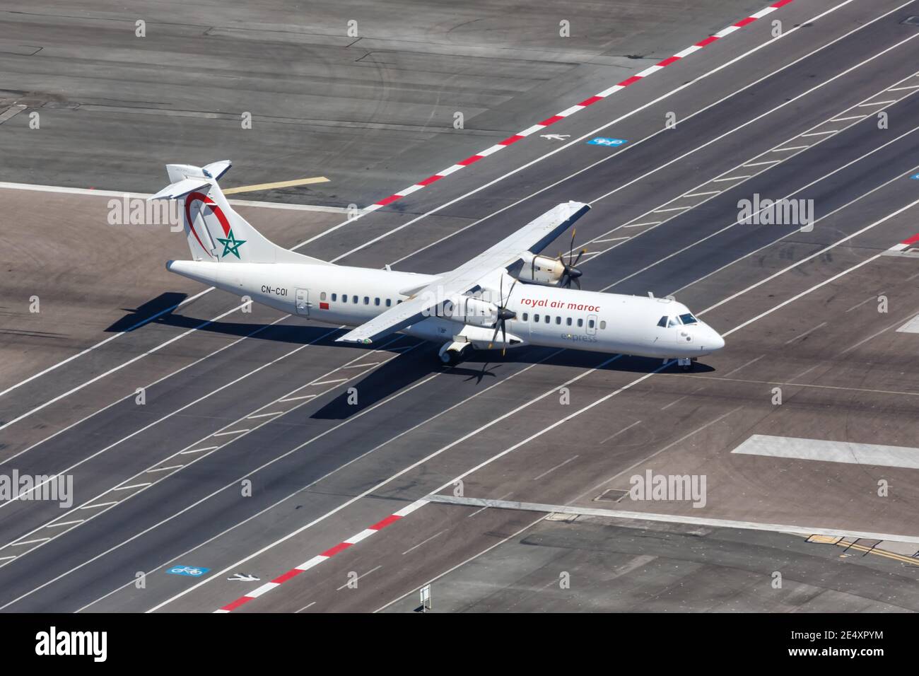 Gibraltar - July 29, 2018: Royal Air Maroc Express ATR 72 airplane at Gibraltar Airport (GIB). Stock Photo