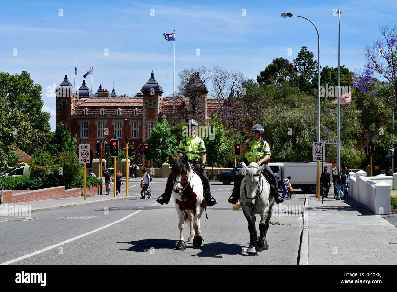 Perth, WA, Australia - November 30, 2017: Mounted police, two police man on horses in the capital of Western Australia Stock Photo