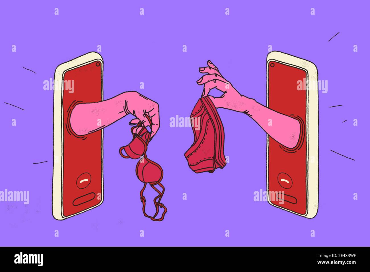 Sexting sex during coronavirus (covid-19). Sexual practices. Man and woman hands show lingerie through their smartphone screen. Stock Photo