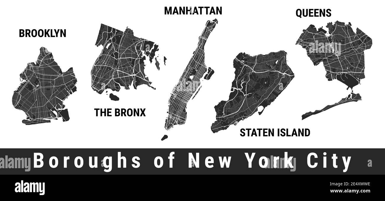 New York city boroughs map set. Manhattan, Brooklyn, The Bronx, Staten Island, Queens. Detailed street maps. Silhouette aerial view. Stock Vector