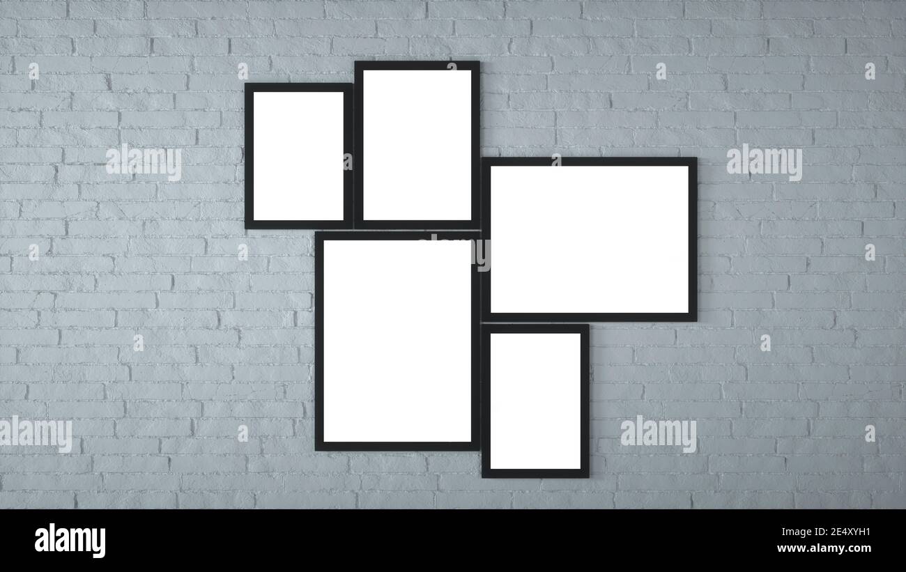 Different size framed photos hanging on the grey wall. 3d rendering Stock Photo