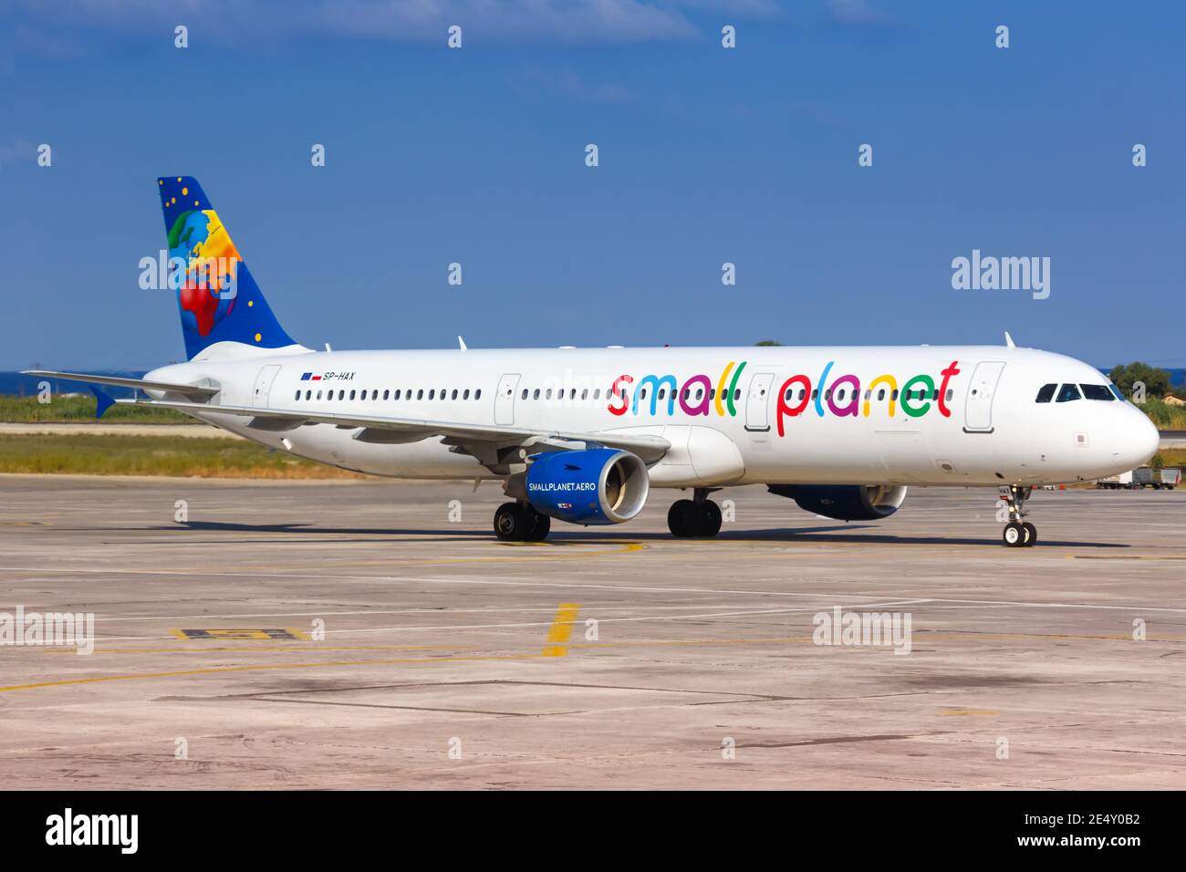 Rhodes, Greece – September 14, 2018: Small Planet Airlines Polska Airbus A321 airplane at Rhodes airport (RHO) in Greece. Airbus is a European aircraf Stock Photo