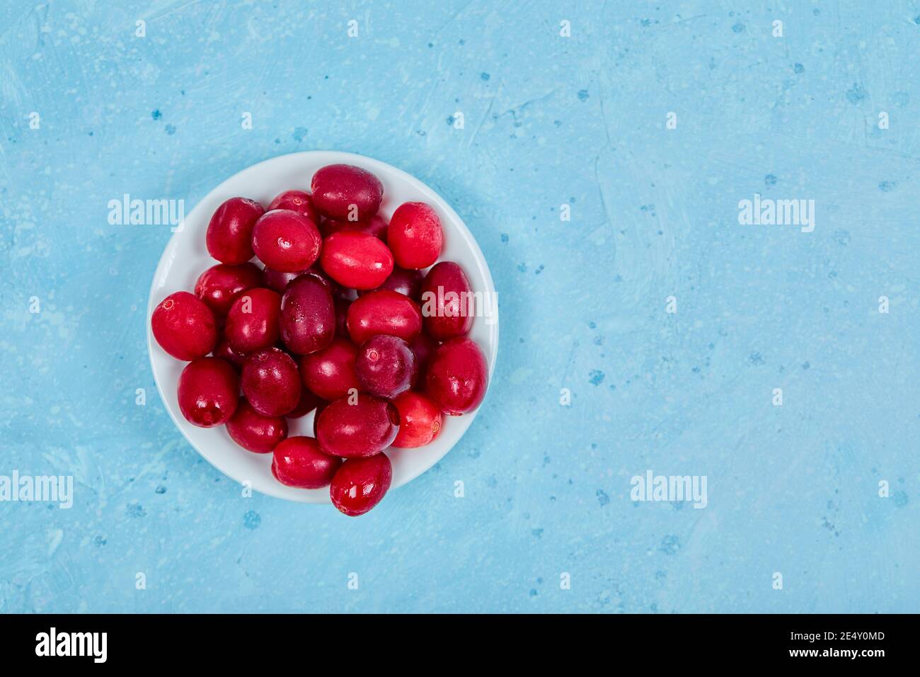 Bunch of cornel berries on white plate. Top view Stock Photo