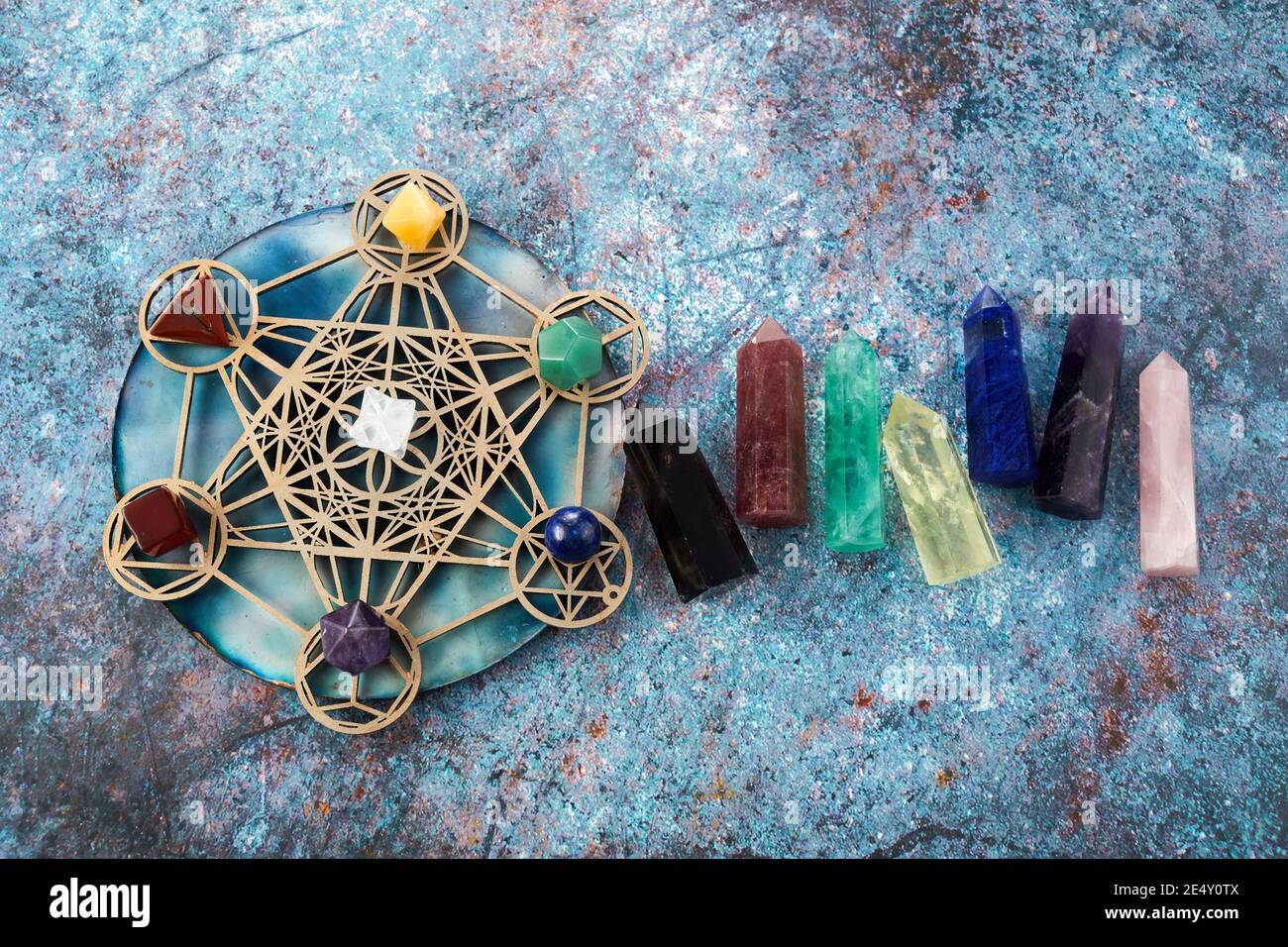 Meditation, reiki and crystal healing background. Healing crystals grid