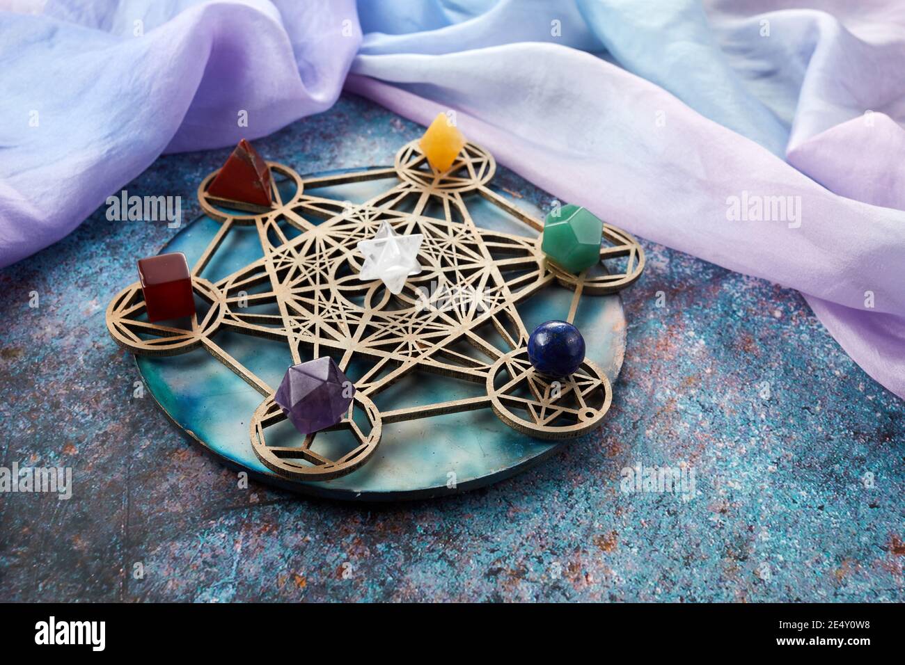 Meditation, reiki and crystal healing background. Healing crystals grid