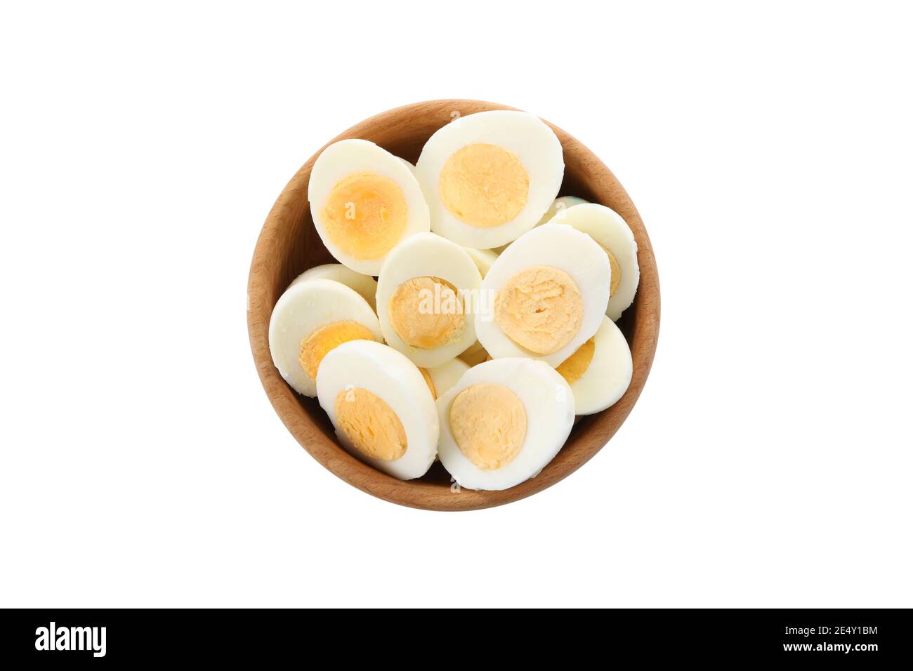 Ceramic bowl full of peeled boiled eggs isolated on white, a protein rich snack for healthy breakfast designs Stock Photo