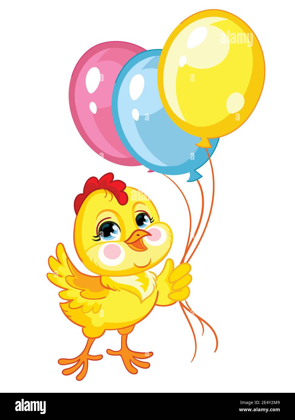 Funny cartoon chicken with balloons. Cute animal. Vector illustration for postcard, posters, nursery design, greeting card, stickers or room decor, nu Stock Vector