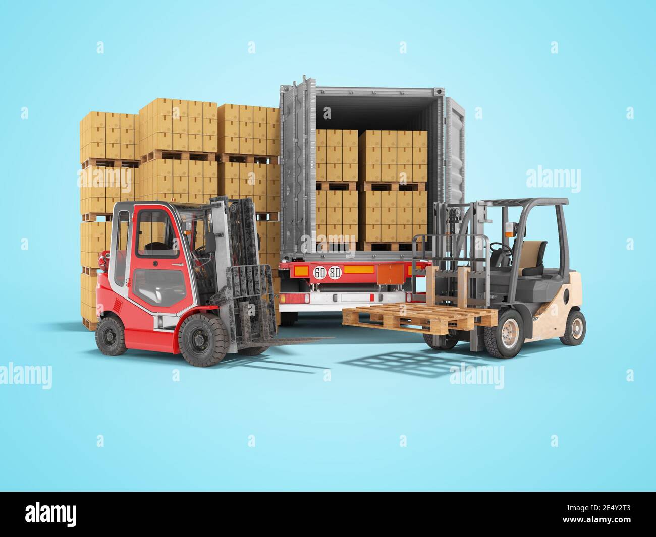 3d rendering group of forklift truck loading boxes on pallets into ...