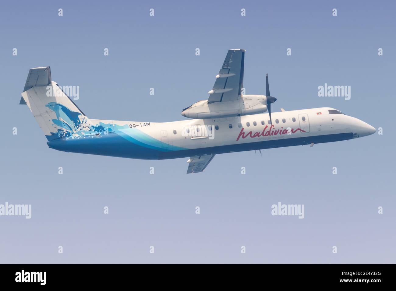 Male, Maldives – February 19, 2018: Maldivian Bombardier DHC-8-300 airplane at Male airport (MLE) in the Maldives. Stock Photo