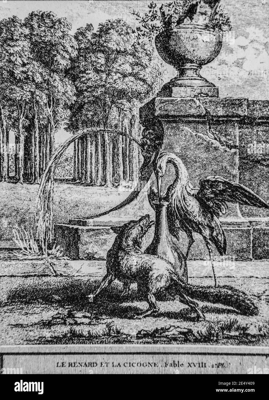 le renard et la cicogne,fables de la fontaine,editeur talan,dier 1904,dessin de j.b.oudry Stock Photo