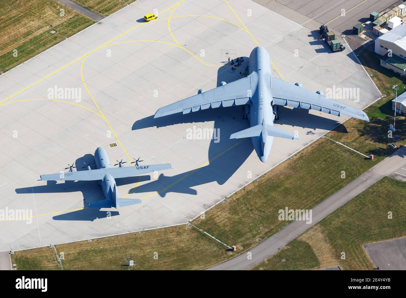 Stuttgart, Germany - September 2, 2016: USA Air Force Lockheed Super Galaxy military aircraft at Stuttgart Airport (STR) in Germany. Stock Photo