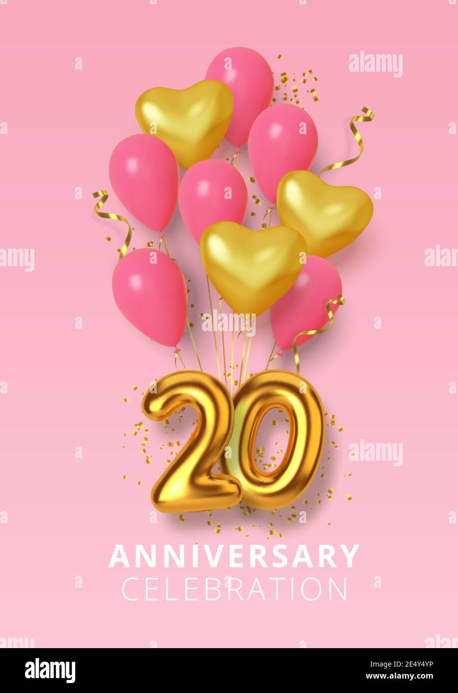 20th Anniversary celebration Number in the form heart of golden and pink balloons. Realistic 3d gold numbers and sparkling confetti, serpentine Stock Vector