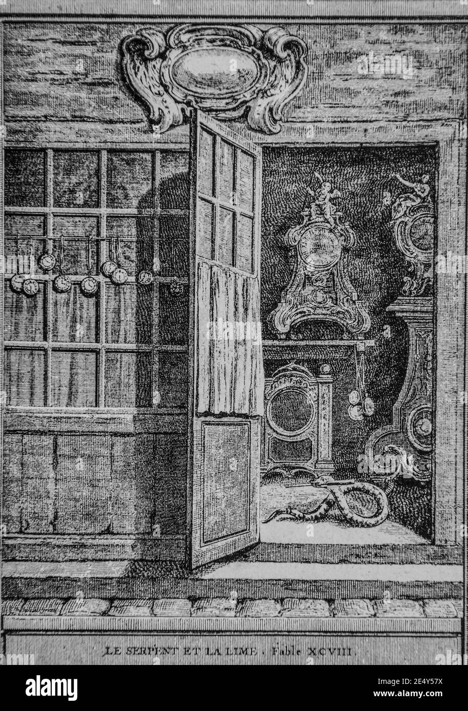le serpent et la lime,fables de la fontaine,editeur talan,dier 1904,dessin de j.b.oudry Stock Photo