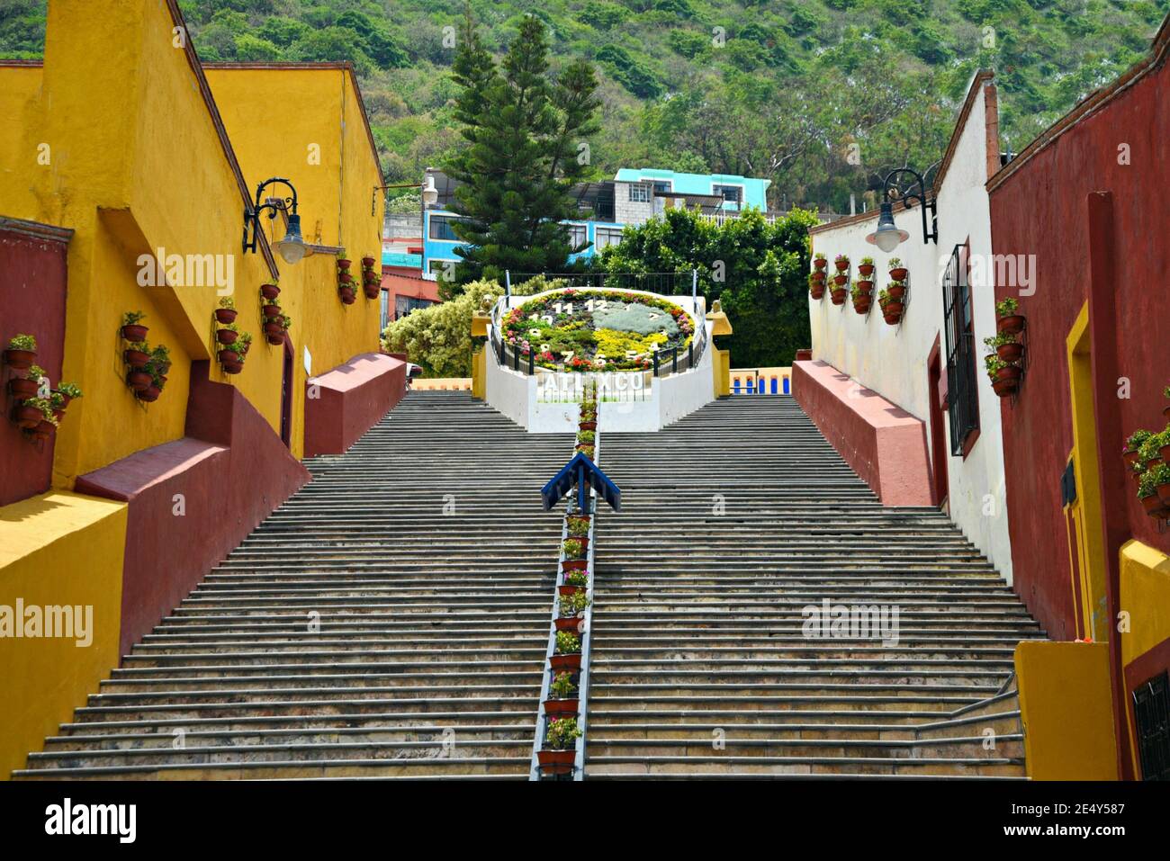 View of the floral clock and the Escalera Ancha with the colorful