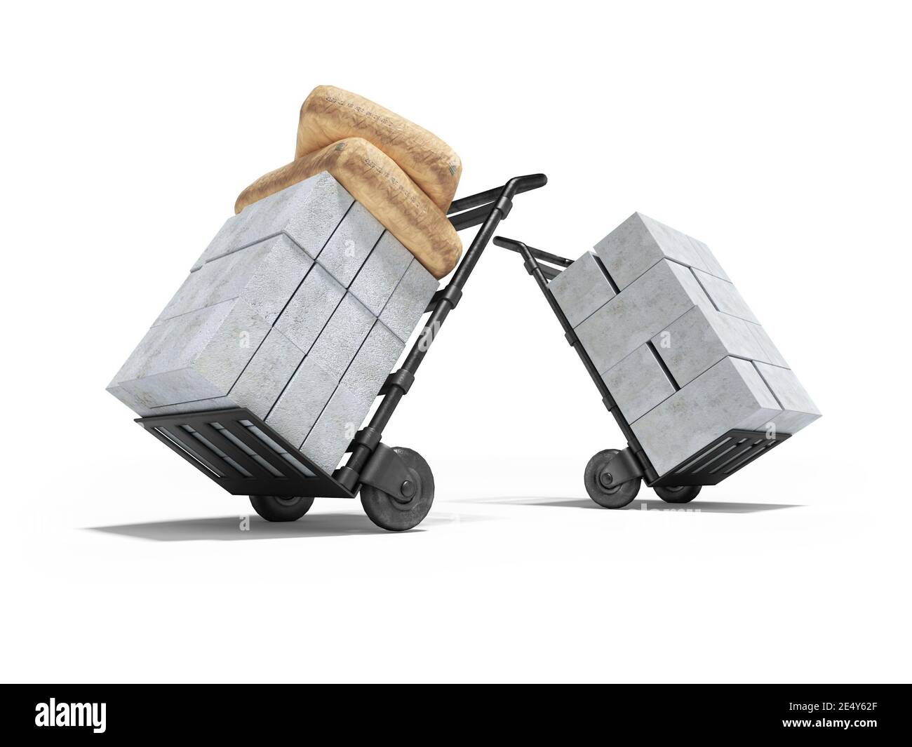 3D rendering transportation of building blocks and bags on two wheeled trolley on white