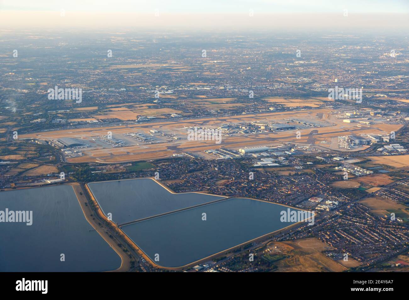London, United Kingdom - August 1, 2018: Aerial view of London Heathrow airport (LHR) in the United Kingdom. Stock Photo