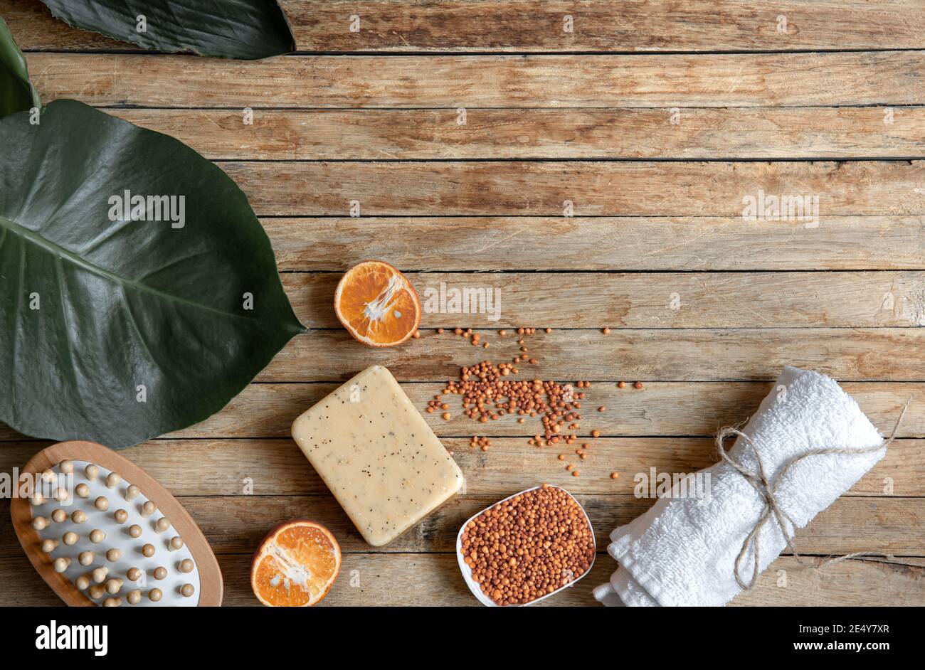 Still life with organic and natural bath accessories top view. Organic cosmetics and beauty concept. Stock Photo