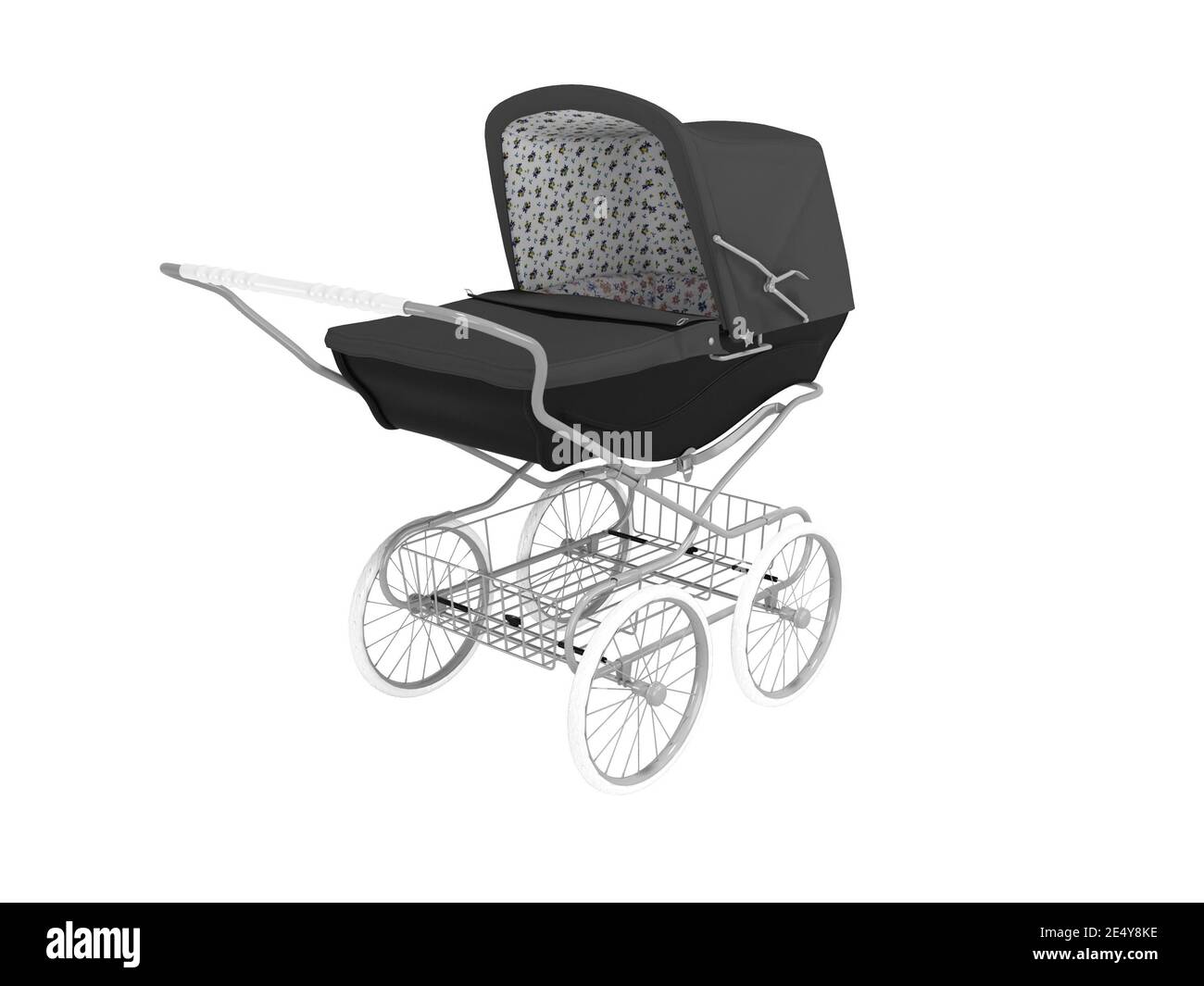 3D rendering black pram with luggage carrier on white background no
