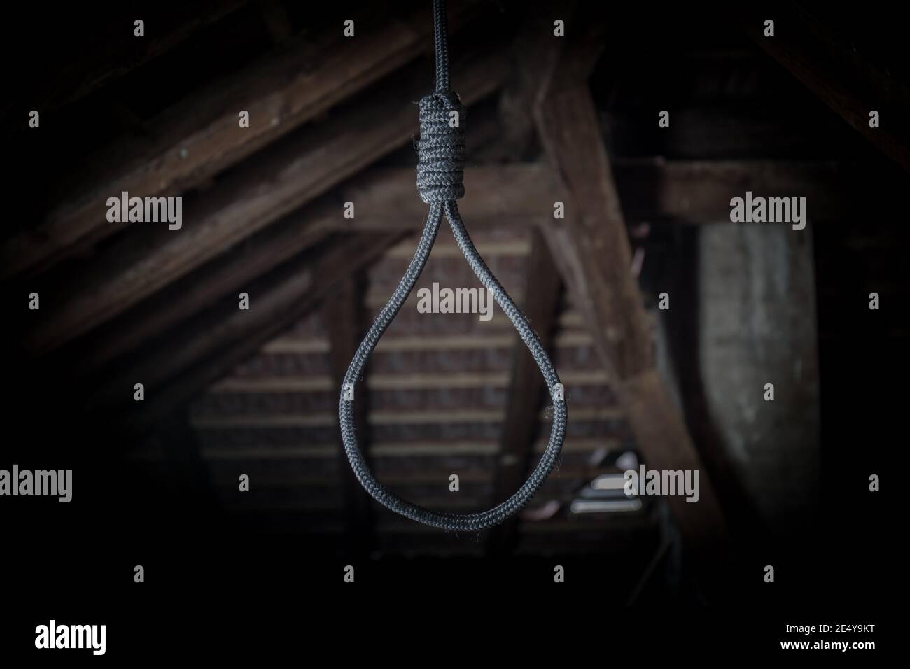 A noose hanging around his neck, a suicide committed, horrific scenes in a dark attic Stock Photo