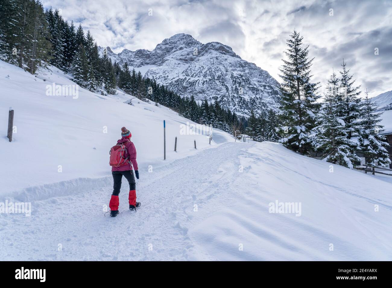 active senior woman hiking in the snowy mountains of Kleinwalsertal, Vorarlberg, Austria, near village of Baad, below the summit of Widderstein Stock Photo