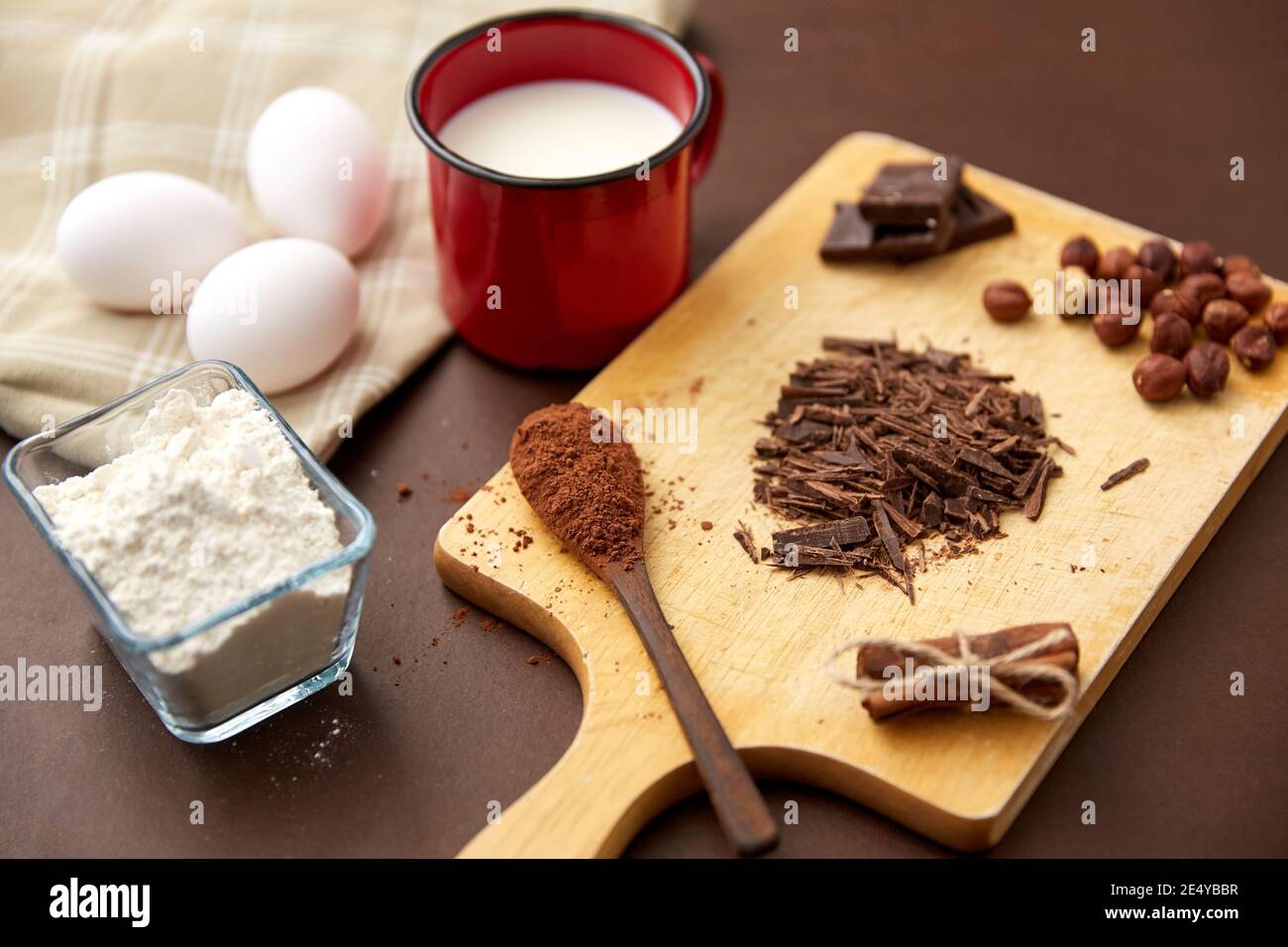 chocolate, cocoa powder, milk, eggs and flour Stock Photo Alamy