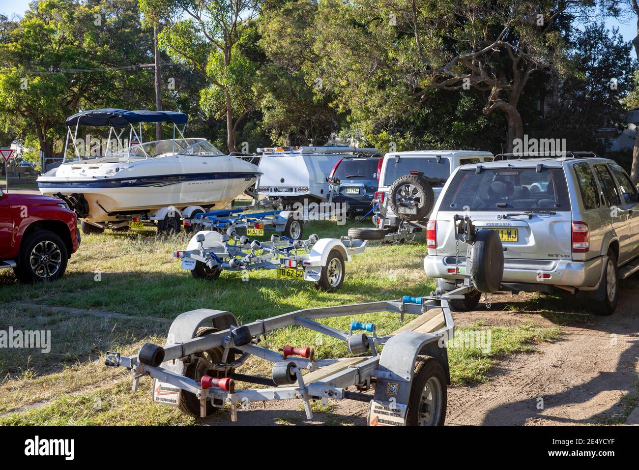 Palm Beach Sydney designated council parking area only for those with boat trailers,Sydney,Australia assists owners to launch their boats Stock Photo