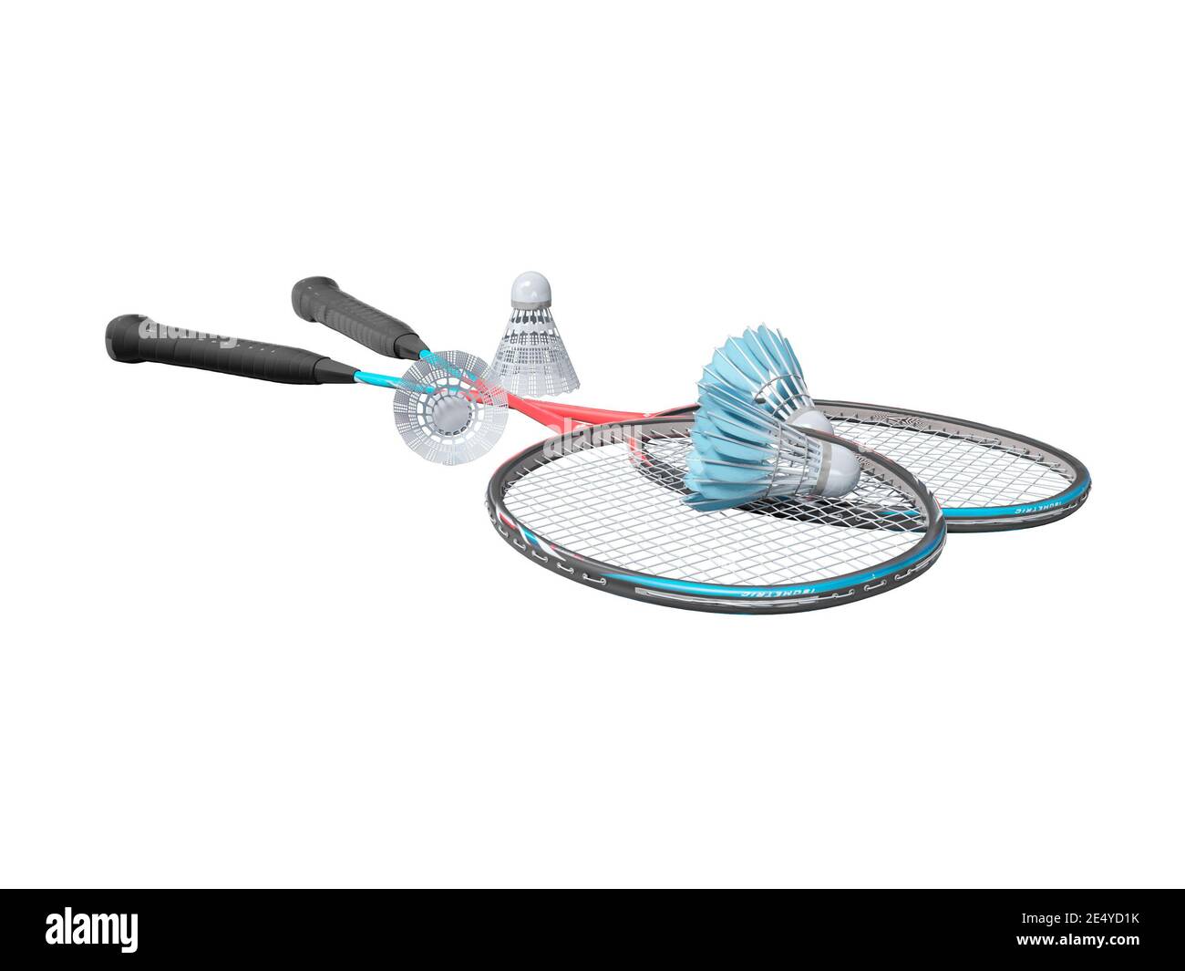 3d rendering of badminton racket with shuttlecocks for adults on white ...