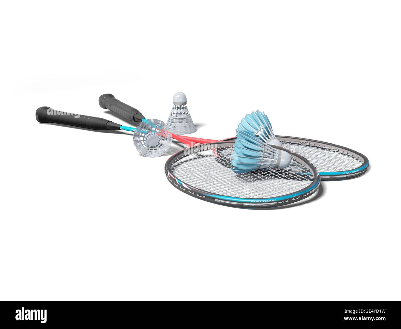 3d rendering of badminton racket with shuttlecocks for adults on white ...