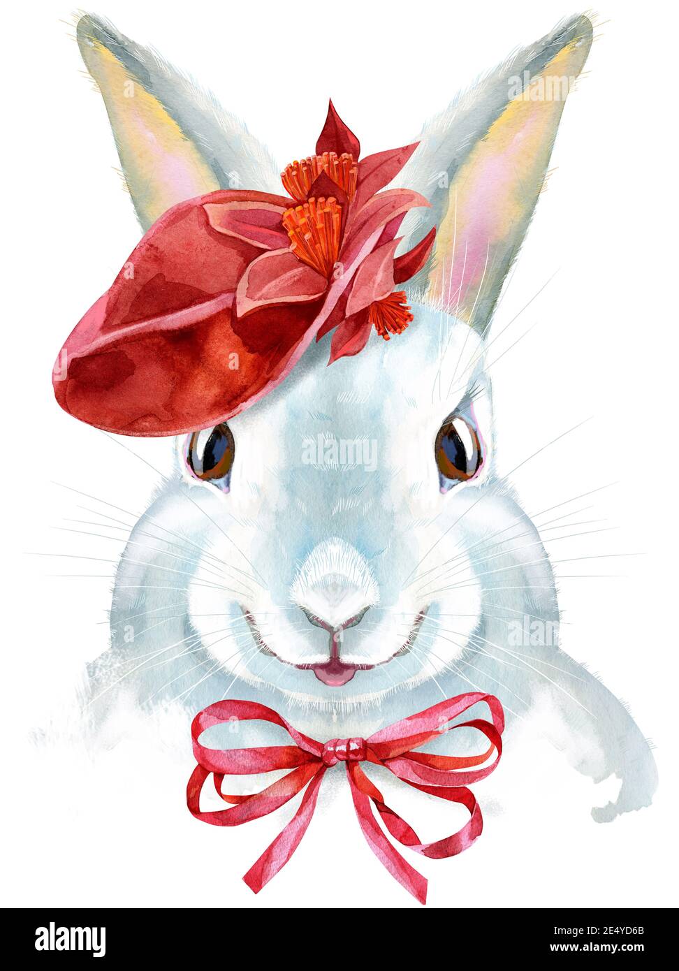 Cute white rabbit in red hat on white background with splashes ...