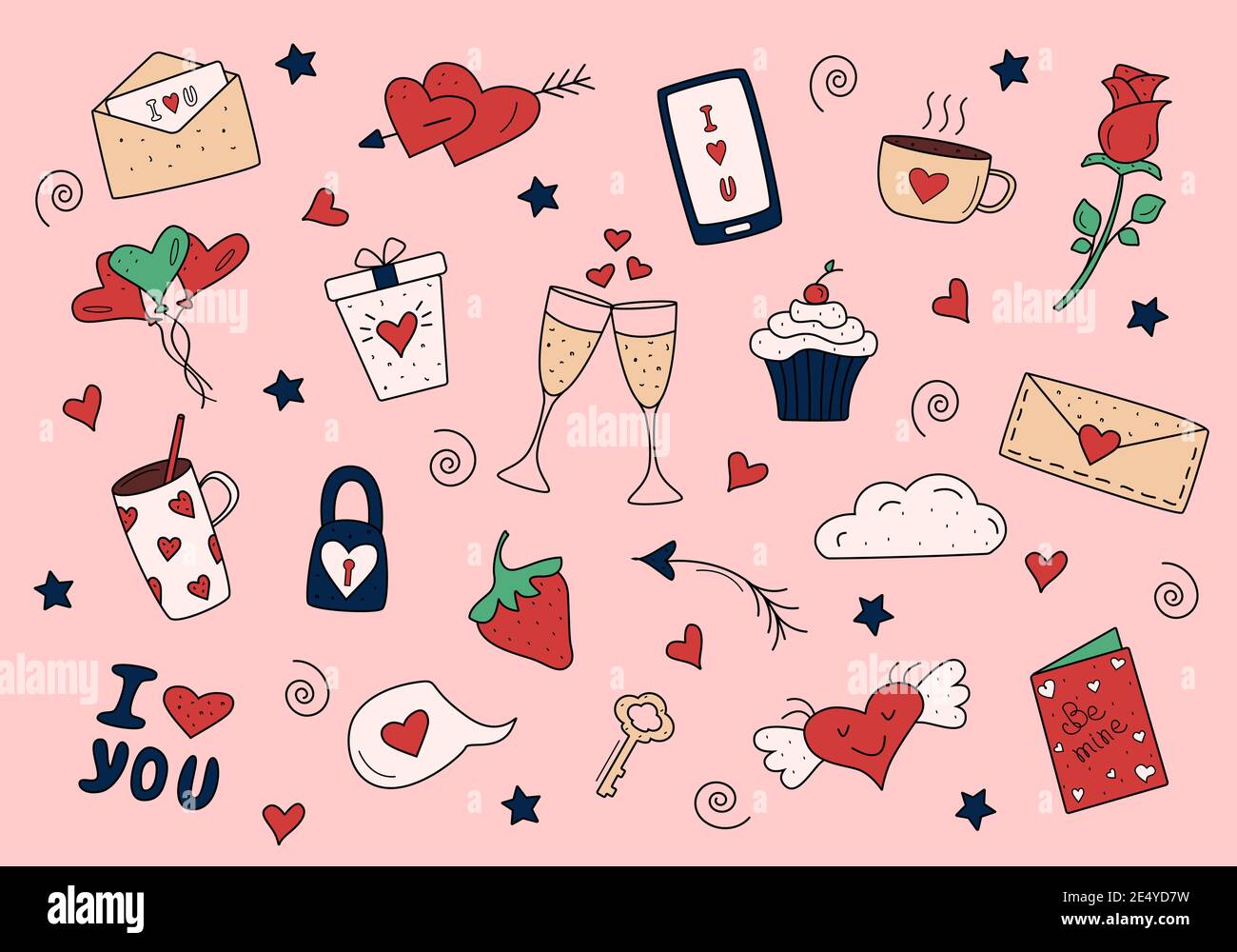 Colored vector items. set Valentine's day and weddings icons doodle. Design for prints, cards and coloring page Stock Photo